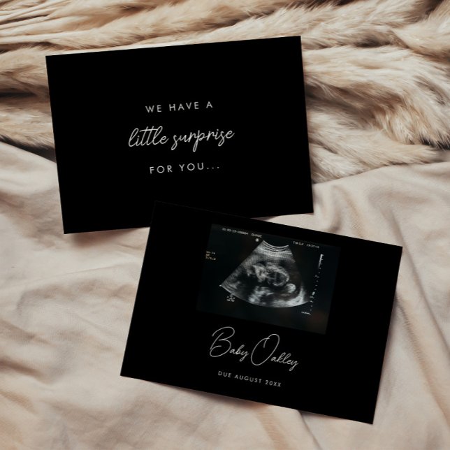 Modern Black Script 'Little Surprise' Pregnancy Announcement (Creator Uploaded)