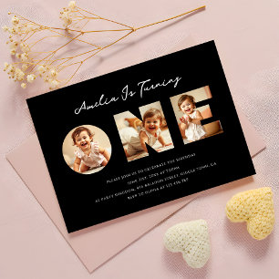 Modern Black Script Photo Collage First Birthday Invitation