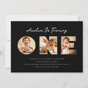 Modern Black Script Photo Collage First Birthday Invitation
