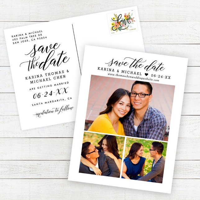 Modern Black Script Photo Collage Save the Date Announcement Postcard (Creator Uploaded)