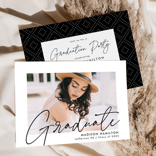 Modern Black Script Photo Graduation Party Invitation (Creator Uploaded)