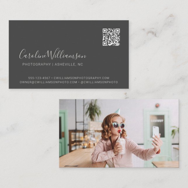 Modern Black Script Photo QR Code Minimal Trendy  Business Card (Front/Back)