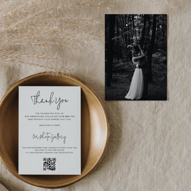 Modern Black Script QR Code Photo Gallery Wedding Thank You Card (Creator Uploaded)