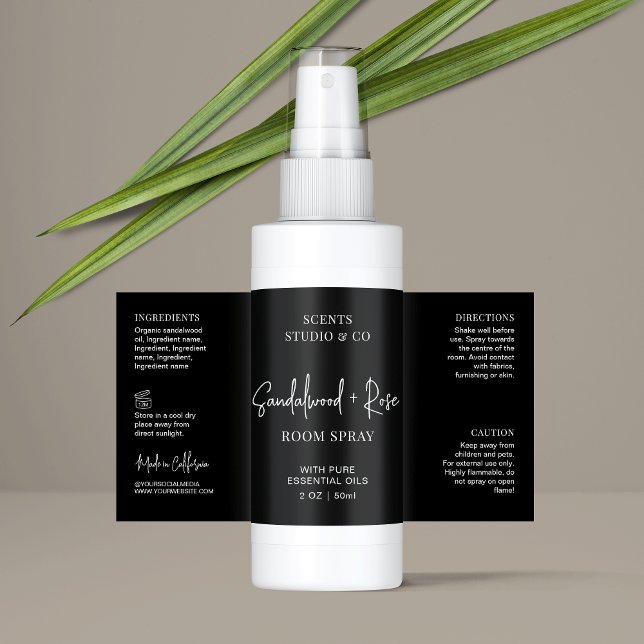 Modern Black Script Room Spray Bottle Wrapper (Simple air freshener spray bottle packaging design in black and white)