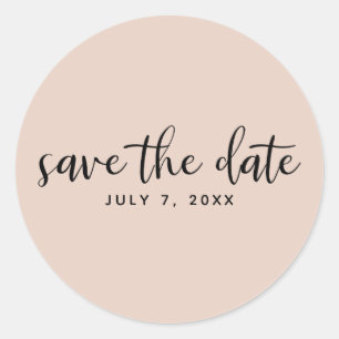 Modern Black Script Type Save the Date Beige Blush Classic Round Sticker