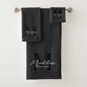 Modern Black Script Typography Initial Monogram Bath Towel Set