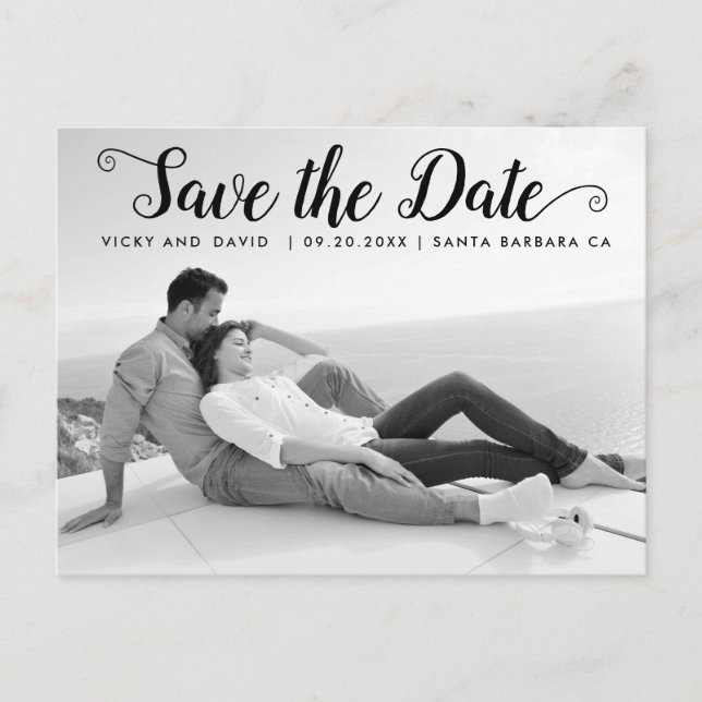 Modern black script wedding Save the Date photo Postcard (Front)