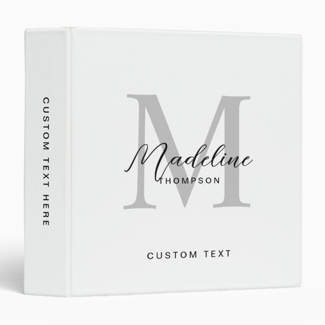 Modern Black Script White Grey Initial Monogram Binder (Front/Spine)