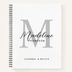 Modern Black Script White Grey Initial Monogram Notebook