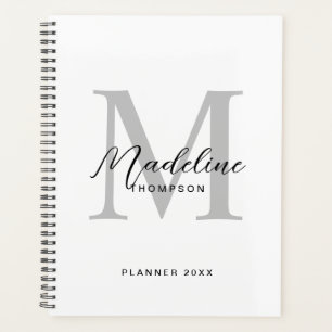 Modern Black Script White Grey Initial Monogram Planner