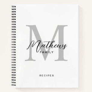 Modern Black Script White Grey Monogram Recipe Notebook