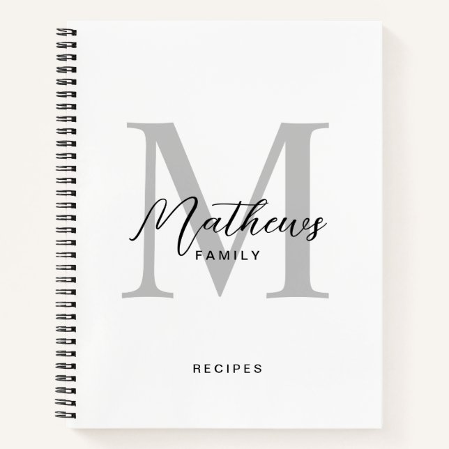 Modern Black Script White Grey Monogram Recipe Notebook (Front)
