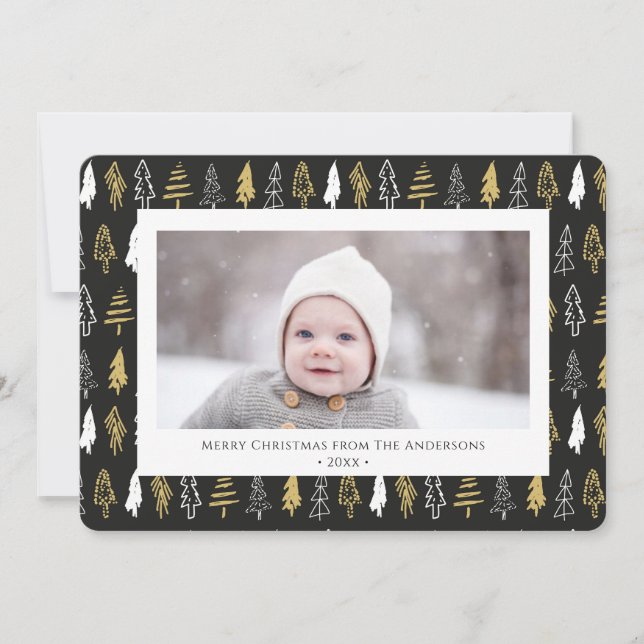 Modern Black Seamless Gold White Forest Pine Tree Holiday Card (Front)