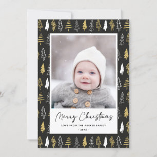 Modern Black Seamless Gold White Forest Pine Tree  Holiday Card