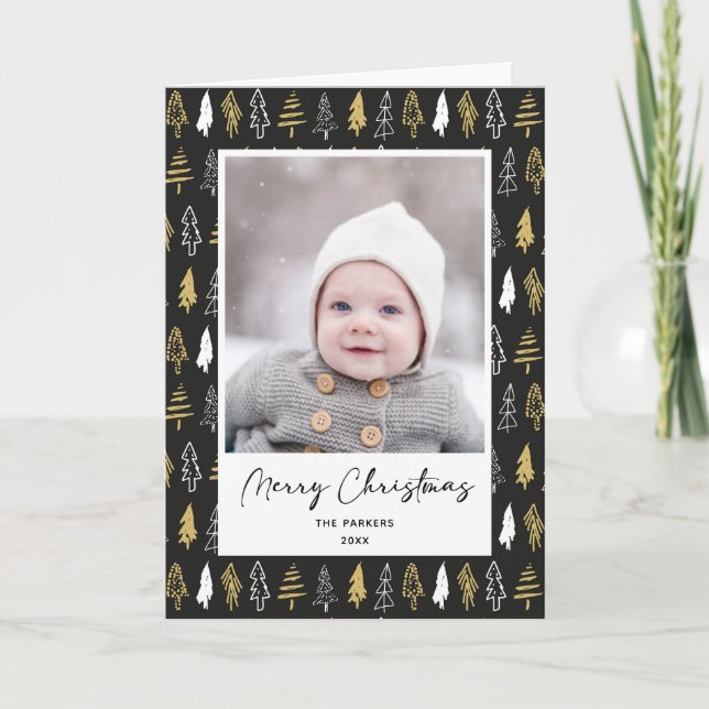 Modern Black Seamless Gold White Forest Pine Tree  Holiday Card (Front)