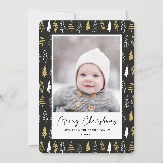 Modern Black Seamless Gold White Forest Pine Tree  Holiday Card (Front)
