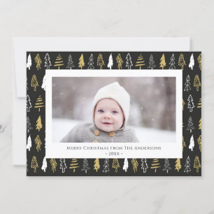 Modern Black Seamless Gold White Forest Pine Tree Holiday Card