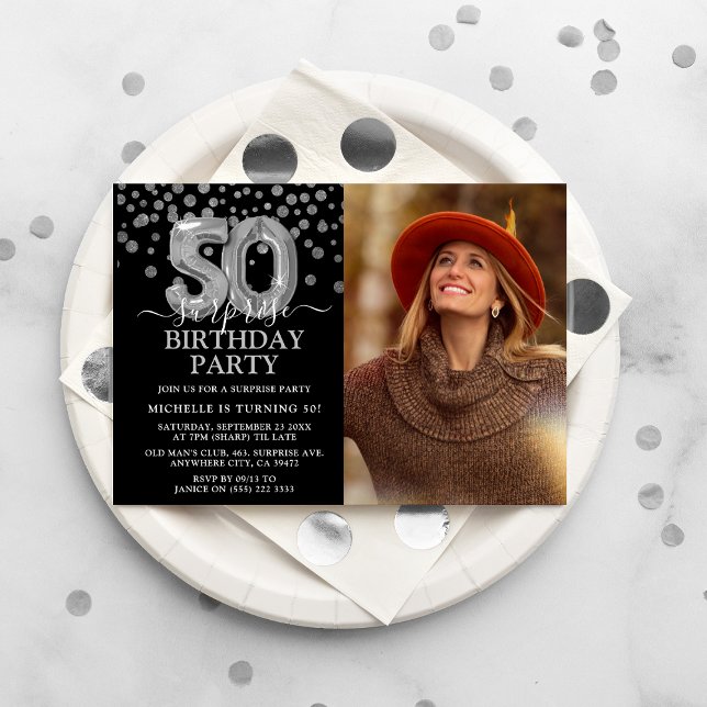 Modern Black & Silver 50th Surprise Birthday Photo Invitation (Creator Uploaded)