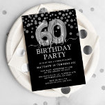 Modern Black & Silver 60th Surprise Birthday Party Invitation<br><div class="desc">Modern black and silver surprise sixty birthday party invitation! Featuring a black background,  white calligraphy script and serif font,  faux silver glitter confetti,  modern silver 60th birthday helium balloons and an elegant birthday template that is easy to customize.</div>