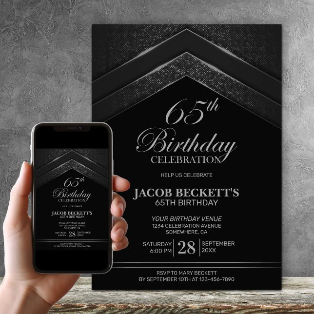 Modern Black Silver 65th Birthday Party Invitation (Creator Uploaded)