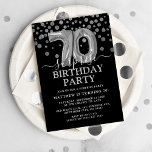 Modern Black & Silver 70th Surprise Birthday Party Invitation<br><div class="desc">Modern black and silver surprise birthday party invitation for someone who is turning seventy! Featuring a black background,  faux silver glitter confetti,  silver 70th birthday balloons and an elegant birthday template that is easy to customize.</div>