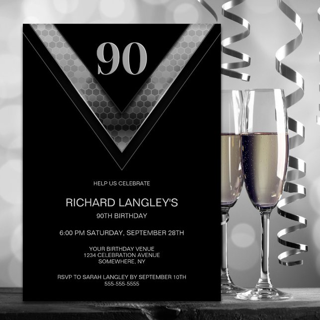 Modern Black Silver 90th Birthday Party Invitation (Creator Uploaded)