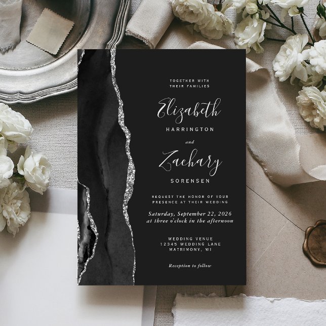 Modern Black Silver Agate Dark Wedding Invitation (Creator Uploaded)