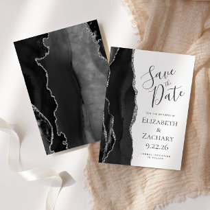 Modern Black Silver Agate Save the Date