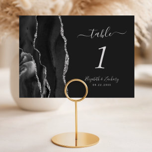 Modern Black Silver Agate Wedding Dark Table Number