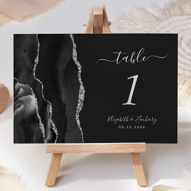 Modern Black Silver Agate Wedding Dark Table Number (Creator Uploaded)