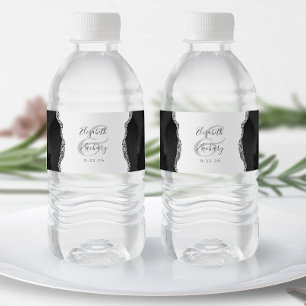 Modern Black Silver Agate Wedding Water Bottle Label