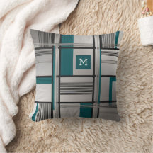 Modern Black Silver and Teal Grid Throw Pillow