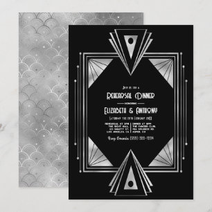 Modern Black & Silver Art Deco Rehearsal Dinner Invitation