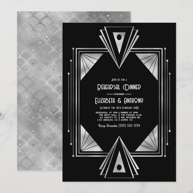 Modern Black & Silver Art Deco Rehearsal Dinner Invitation (Front/Back)