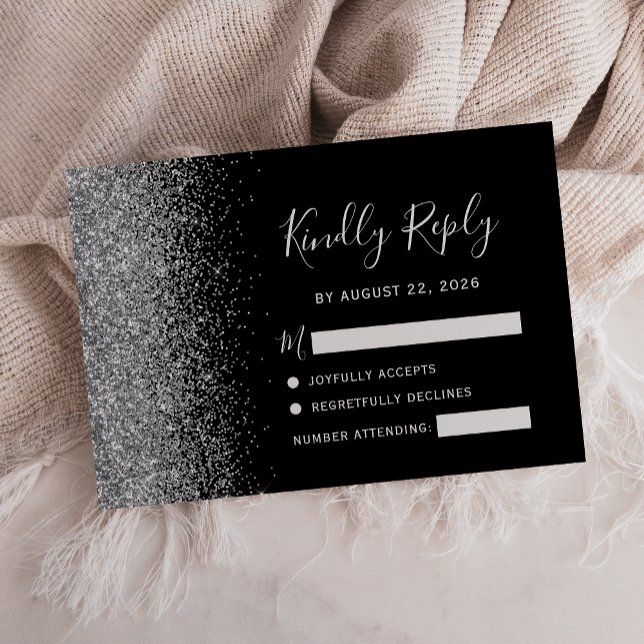 Modern Black Silver Faux Glitter Edge RSVP Card (Creator Uploaded)