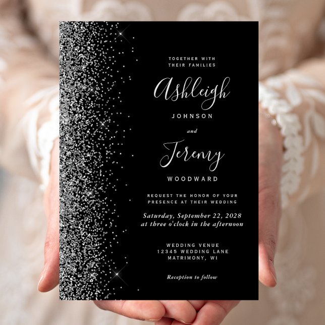 Modern Black Silver Faux Glitter Wedding Invitation (Creator Uploaded)