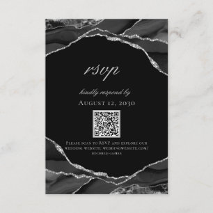 Modern Black Silver Foil Agate Wedding RSVP Card