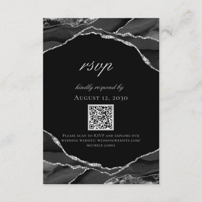 Modern Black Silver Foil Agate Wedding RSVP Card (Front)