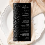 Modern Black Silver Glitter Edge Wedding Menu<br><div class="desc">The left-hand edge of this elegant modern wedding menu features a silver faux glitter design. The customizable text combines silver grey handwriting,  copperplate and italic fonts on a black background. The reverse side features a matching black and silver glitter design.</div>
