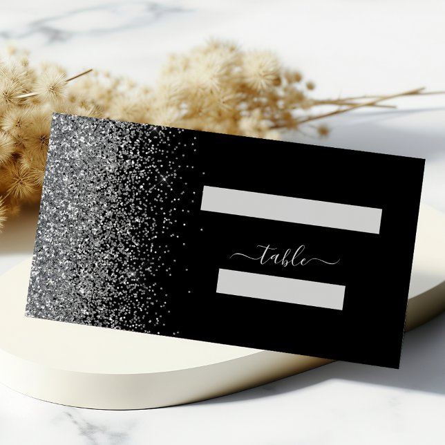 Modern Black Silver Glitter Edge Wedding Place Card (Creator Uploaded)