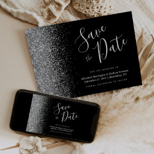 Modern Black Silver Glitter Save the Date Card