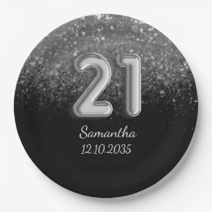 Modern Black Silver Glitter Sparkle 21 Birthday Paper Plate