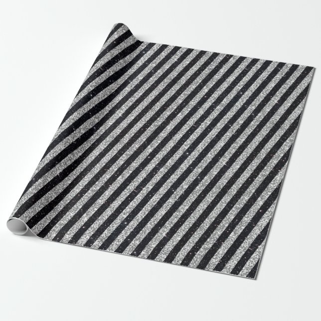 Modern Black Silver Glitter Stripes Pattern Wrapping Paper (Unrolled)
