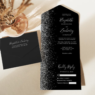 Modern Black Silver Glitter Wedding All In One Invitation