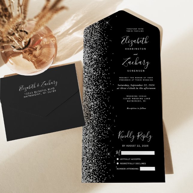 Modern Black Silver Glitter Wedding All In One Invitation (Creator Uploaded)