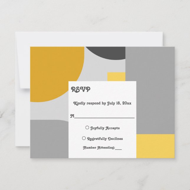 Modern Black Silver Gold Groovy Abstract Wedding RSVP Card (Front)
