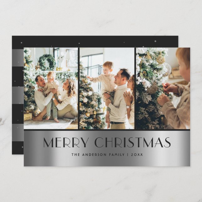 Modern Black Silver Photo Collage Christmas Cards (Front/Back)
