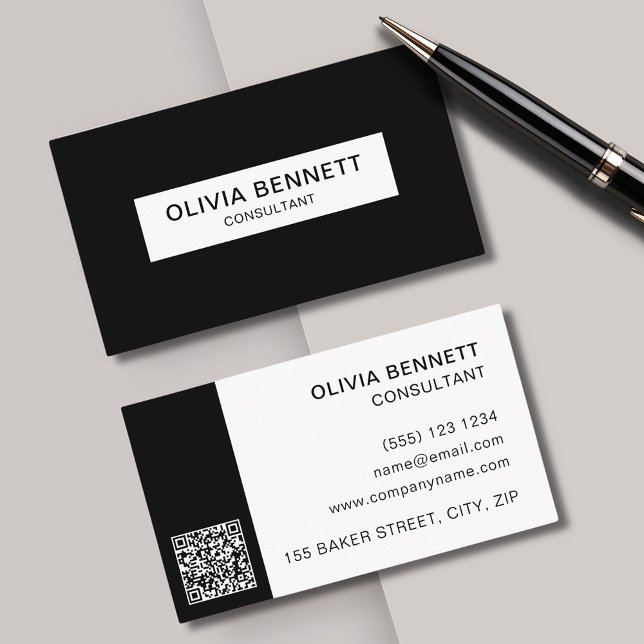 Modern Black Simple QR Business Card (Modern & minimal, black and white business cards perfect for any professional. Customize with QRcode)