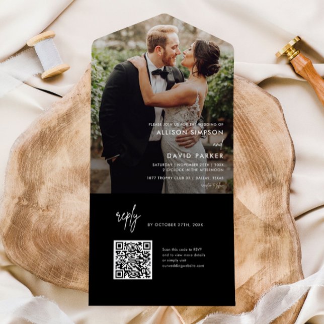 Modern Black Simple QR Code Wedding  All In One Invitation (Creator Uploaded)