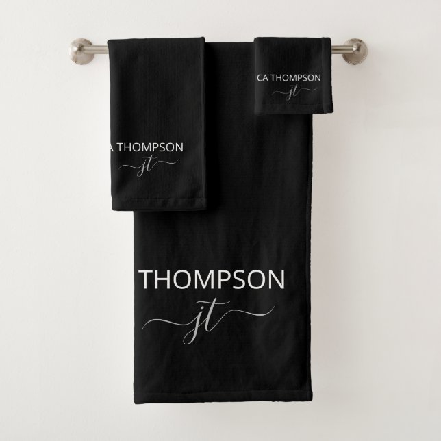 Modern Black Simple Script Girly Monogram Name  Bath Towel Set (Insitu)